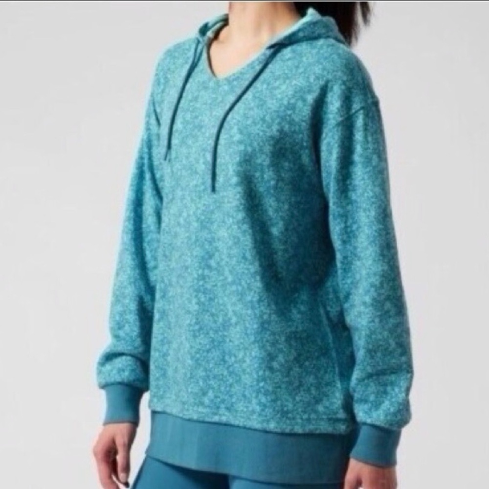 Athleta Sundown Alliance Hoodie Sweatshirt Teal Blue Floral Women 1X / XL Cotton